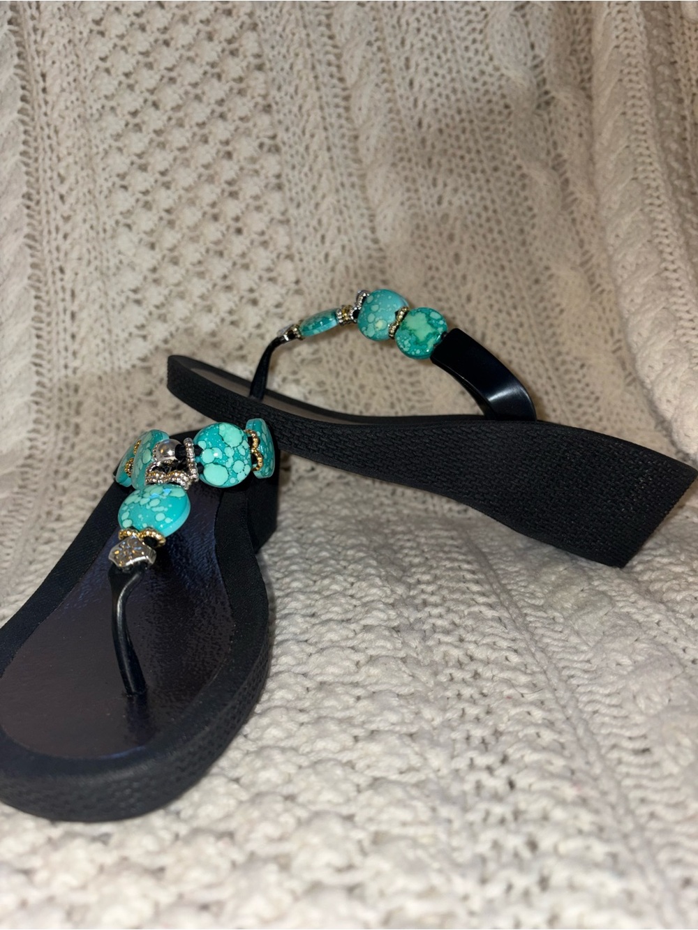 Black Wedge Thong Sandals with Turquoise Bead Accents
